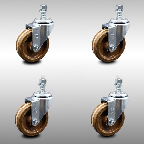 4 Inch SS High Temp Phenolic Wheel Swivel 1/2 Inch Threaded Stem Caster Set SCC